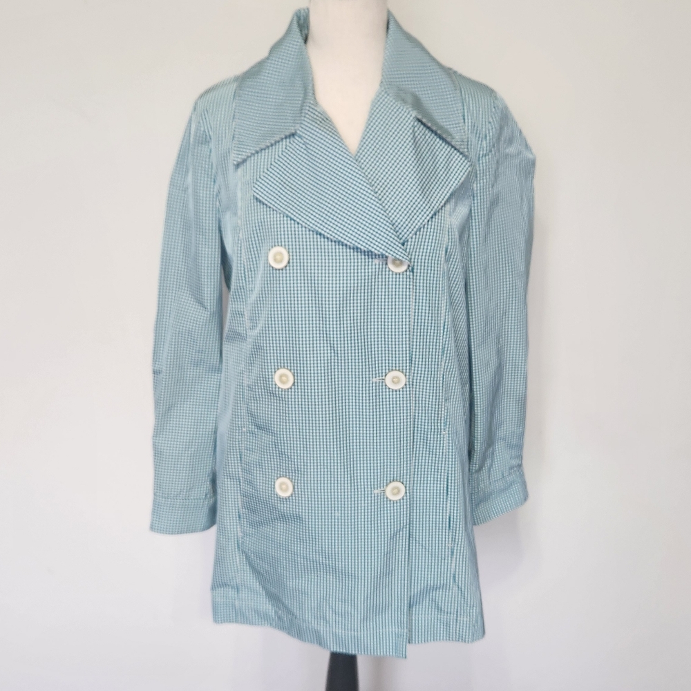 Les Copains Women's Jacket Coat White Green Gingham Double Breasted M